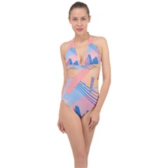 Abstract Lines Dots Pattern Purple Pink Blue Halter Front Plunge Swimsuit