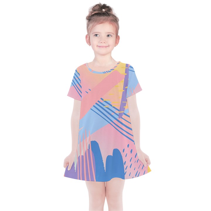 Abstract Lines Dots Pattern Purple Pink Blue Kids  Simple Cotton Dress