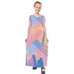 Abstract Lines Dots Pattern Purple Pink Blue Kids  Short Sleeve Maxi Dress