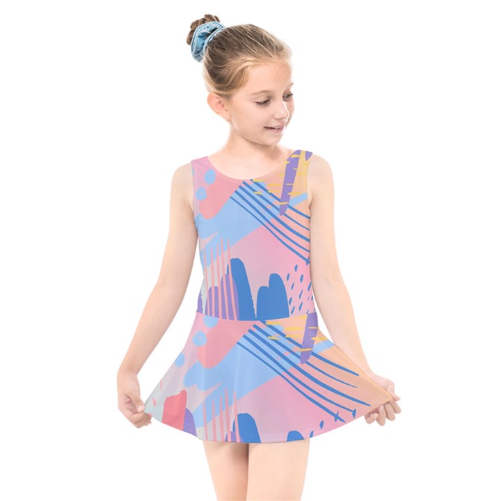 Abstract Lines Dots Pattern Purple Pink Blue Kids  Skater Dress Swimsuit