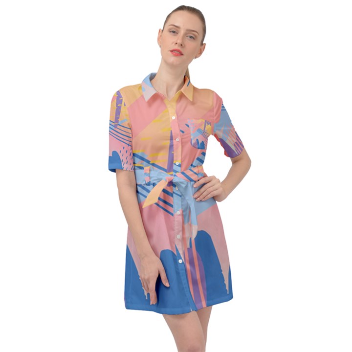 Abstract Lines Dots Pattern Purple Pink Blue Belted Shirt Dress