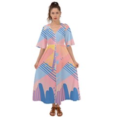 Abstract Lines Dots Pattern Purple Pink Blue Kimono Sleeve Boho Dress