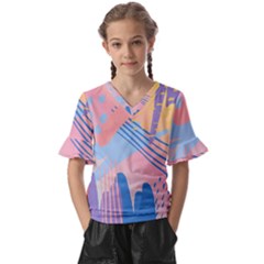 Abstract Lines Dots Pattern Purple Pink Blue Kids  V-neck Horn Sleeve Blouse