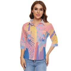 Abstract Lines Dots Pattern Purple Pink Blue Women s Quarter Sleeve Pocket Shirt