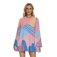 Abstract Lines Dots Pattern Purple Pink Blue Round Neck Long Sleeve Bohemian Style Chiffon Mini Dress