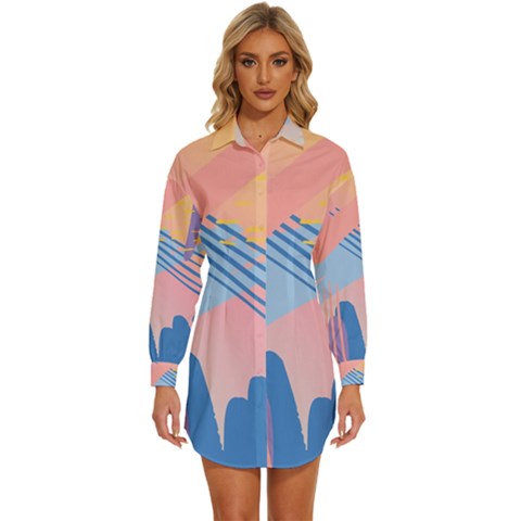 Abstract Lines Dots Pattern Purple Pink Blue Womens Long Sleeve Shirt Dress by Maspions