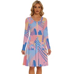 Abstract Lines Dots Pattern Purple Pink Blue Long Sleeve Dress With Pocket by Maspions