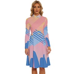 Abstract Lines Dots Pattern Purple Pink Blue Long Sleeve Shirt Collar A-line Dress by Maspions