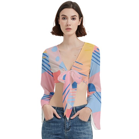 Abstract Lines Dots Pattern Purple Pink Blue Trumpet Sleeve Cropped Top by Maspions