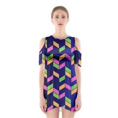 Background Pattern Geometric Pink Yellow Green Shoulder Cutout One Piece Dress