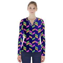 Background Pattern Geometric Pink Yellow Green V-neck Long Sleeve Top