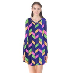 Background Pattern Geometric Pink Yellow Green Long Sleeve V-neck Flare Dress