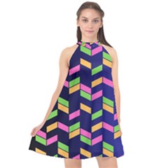 Background Pattern Geometric Pink Yellow Green Halter Neckline Chiffon Dress 