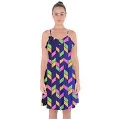 Background Pattern Geometric Pink Yellow Green Ruffle Detail Chiffon Dress