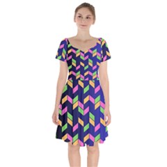 Background Pattern Geometric Pink Yellow Green Short Sleeve Bardot Dress