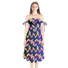 Background Pattern Geometric Pink Yellow Green Shoulder Tie Bardot Midi Dress