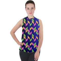 Background Pattern Geometric Pink Yellow Green Mock Neck Chiffon Sleeveless Top