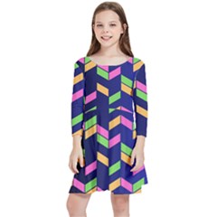 Background Pattern Geometric Pink Yellow Green Kids  Quarter Sleeve Skater Dress by Maspions