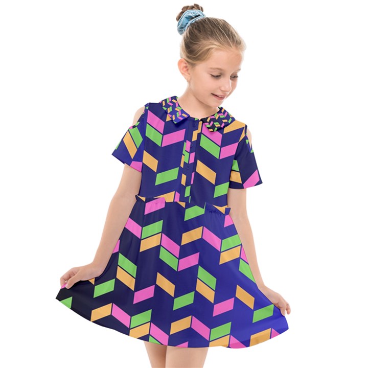 Background Pattern Geometric Pink Yellow Green Kids  Short Sleeve Shirt Dress