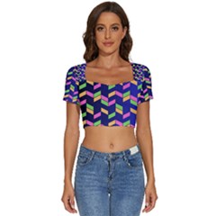 Background Pattern Geometric Pink Yellow Green Short Sleeve Square Neckline Crop Top 