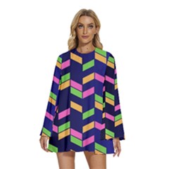 Background Pattern Geometric Pink Yellow Green Round Neck Long Sleeve Bohemian Style Chiffon Mini Dress