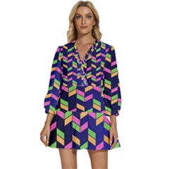 Background Pattern Geometric Pink Yellow Green V-neck Placket Mini Dress