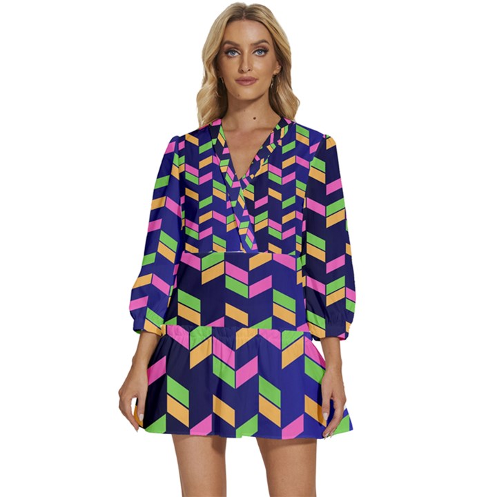 Background Pattern Geometric Pink Yellow Green V-Neck Placket Mini Dress