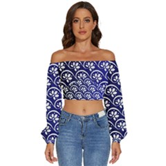 Pattern Floral Flowers Leaves Botanical Long Sleeve Crinkled Weave Crop Top