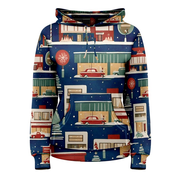 Cars Snow City Landscape Vintage Old Time Retro Pattern Women s Pullover Hoodie