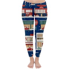 Cars Snow City Landscape Vintage Old Time Retro Pattern Classic Winter Leggings by Maspions