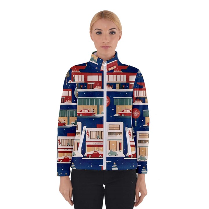 Cars Snow City Landscape Vintage Old Time Retro Pattern Women s Bomber Jacket