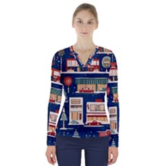 Cars Snow City Landscape Vintage Old Time Retro Pattern V-neck Long Sleeve Top by Maspions