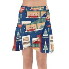 Cars Snow City Landscape Vintage Old Time Retro Pattern Wrap Front Skirt by Maspions