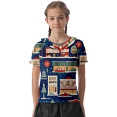 Cars Snow City Landscape Vintage Old Time Retro Pattern Kids  Frill Chiffon Blouse by Maspions