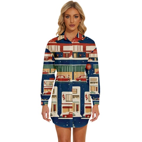 Cars Snow City Landscape Vintage Old Time Retro Pattern Womens Long Sleeve Shirt Dress by Maspions