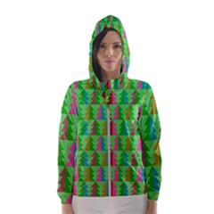 Trees Pattern Retro Pink Red Yellow Holidays Advent Christmas Women s Hooded Windbreaker by Maspions