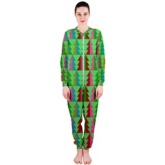 Trees Pattern Retro Pink Red Yellow Holidays Advent Christmas Onepiece Jumpsuit (ladies)