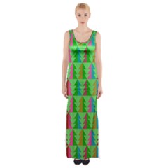 Trees Pattern Retro Pink Red Yellow Holidays Advent Christmas Thigh Split Maxi Dress by Maspions