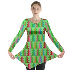 Trees Pattern Retro Pink Red Yellow Holidays Advent Christmas Long Sleeve Tunic  by Maspions