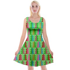 Trees Pattern Retro Pink Red Yellow Holidays Advent Christmas Reversible Velvet Sleeveless Dress