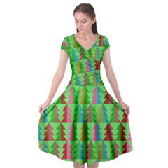 Trees Pattern Retro Pink Red Yellow Holidays Advent Christmas Cap Sleeve Wrap Front Dress by Maspions