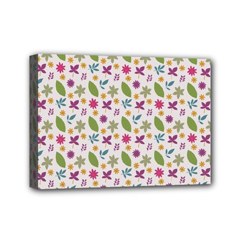 Pattern Flowers Leaves Green Purple Pink Mini Canvas 7  X 5  (stretched)