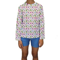 Pattern Flowers Leaves Green Purple Pink Kids  Long Sleeve Swimwear