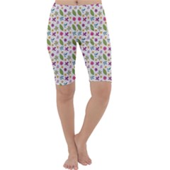 Pattern Flowers Leaves Green Purple Pink Cropped Leggings 