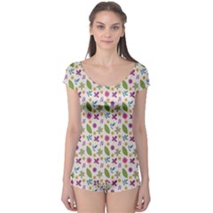 Pattern Flowers Leaves Green Purple Pink Boyleg Leotard 