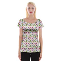 Pattern Flowers Leaves Green Purple Pink Cap Sleeve Top by Maspions