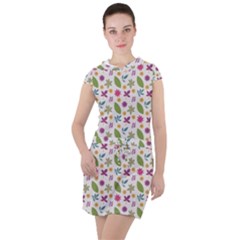 Pattern Flowers Leaves Green Purple Pink Drawstring Hooded Dress