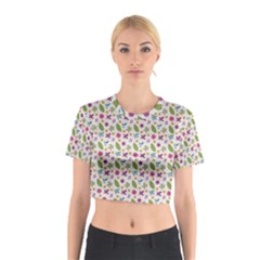 Pattern Flowers Leaves Green Purple Pink Cotton Crop Top