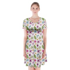 Pattern Flowers Leaves Green Purple Pink Short Sleeve V-neck Flare Dress