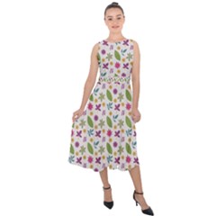 Pattern Flowers Leaves Green Purple Pink Midi Tie-back Chiffon Dress